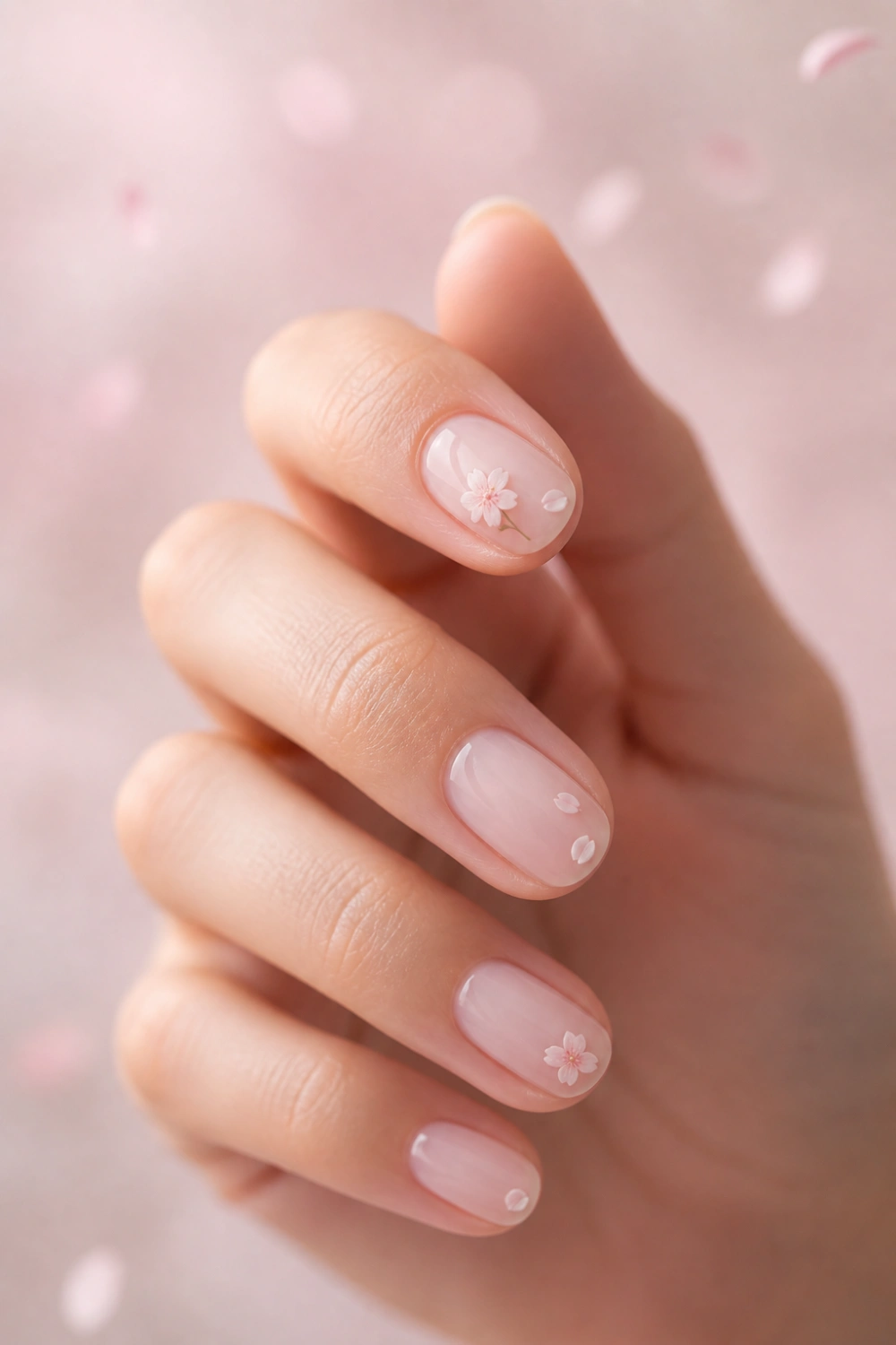 sheer pink nails with tiny cherry blossom nail art, soft floral petals, glossy natural nails, romantic aesthetic manicure close up