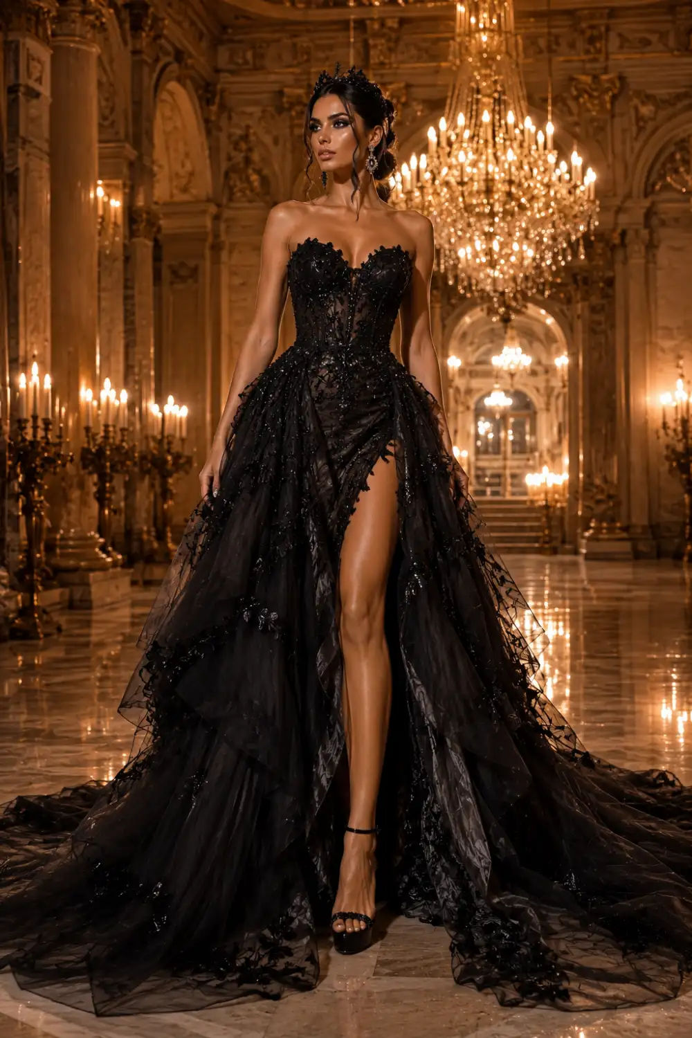 Dramatic black luxury wedding dress with layered black tulle skirt, sparkling corset bodice, high slit design, and glamorous bridal styling inside a royal palace with golden chandeliers.