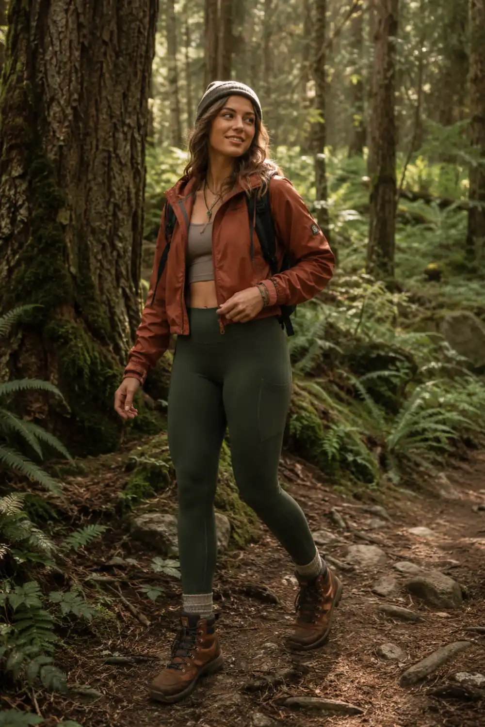 Woman wearing an earthy forest hiking outfit with rust hiking jacket, olive leggings, brown hiking boots, beanie, and backpack while walking through a peaceful woodland trail.