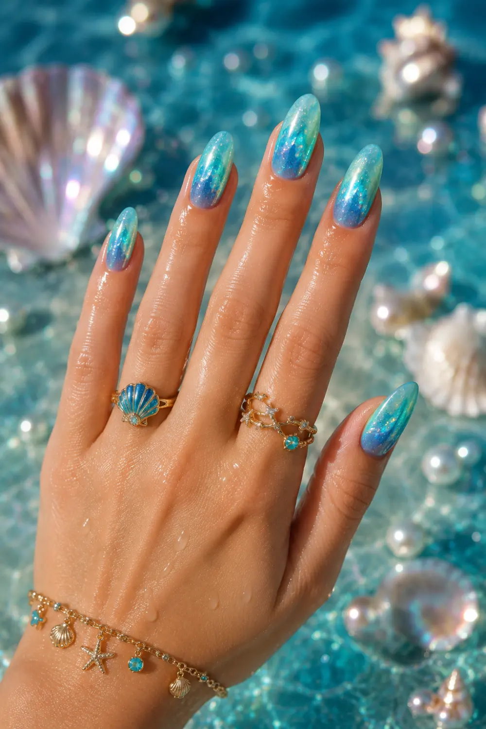 Mermaid blue ombre nails with aqua turquoise gradient and glitter chrome details on glossy almond nails, featuring ocean-inspired summer manicure styling for trendy 2026 nail looks.