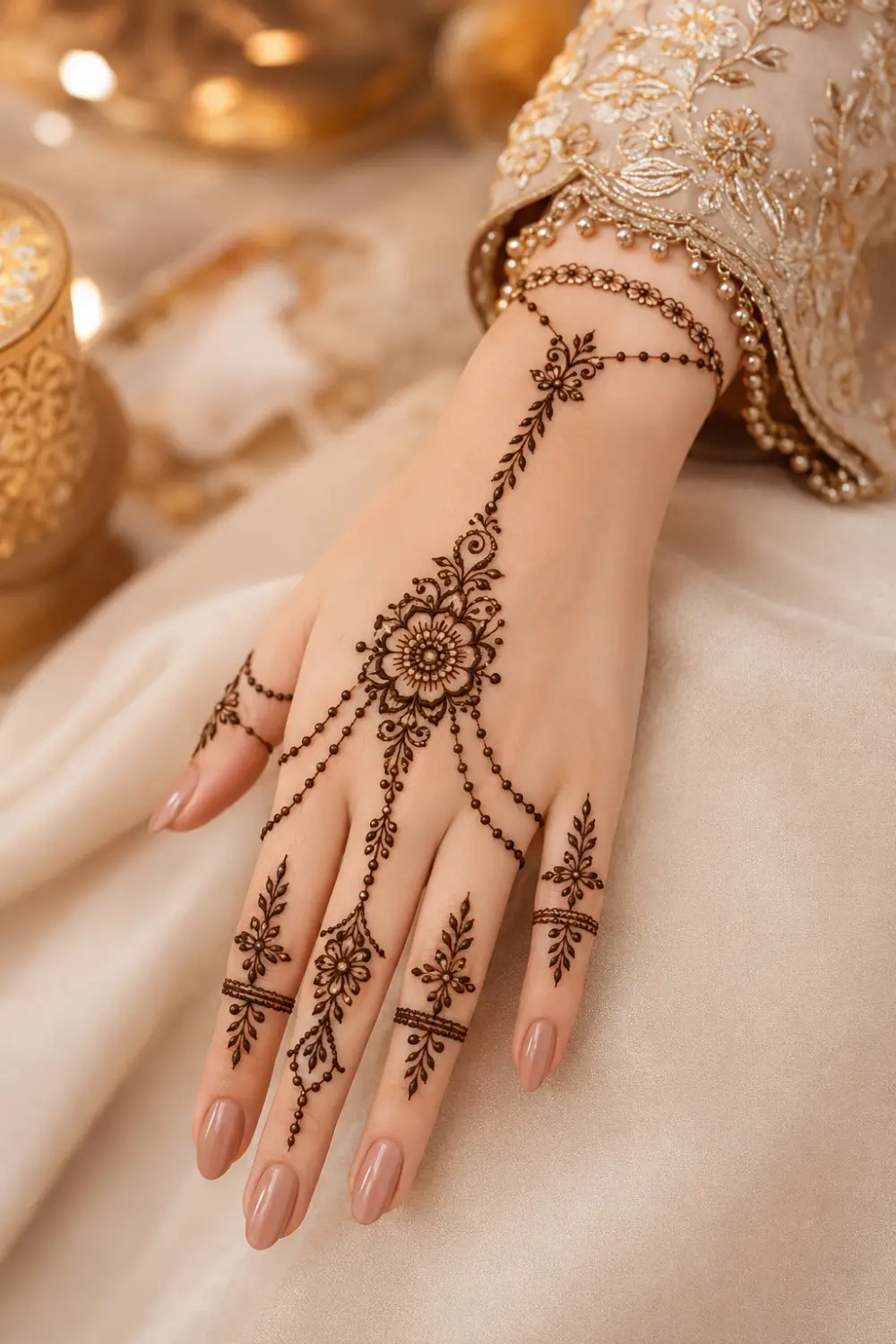 Delicate bracelet style mehndi design for Eid ul Adha 2026 featuring floral chain henna patterns, leafy details, nude nails, and classy festive hand styling.
