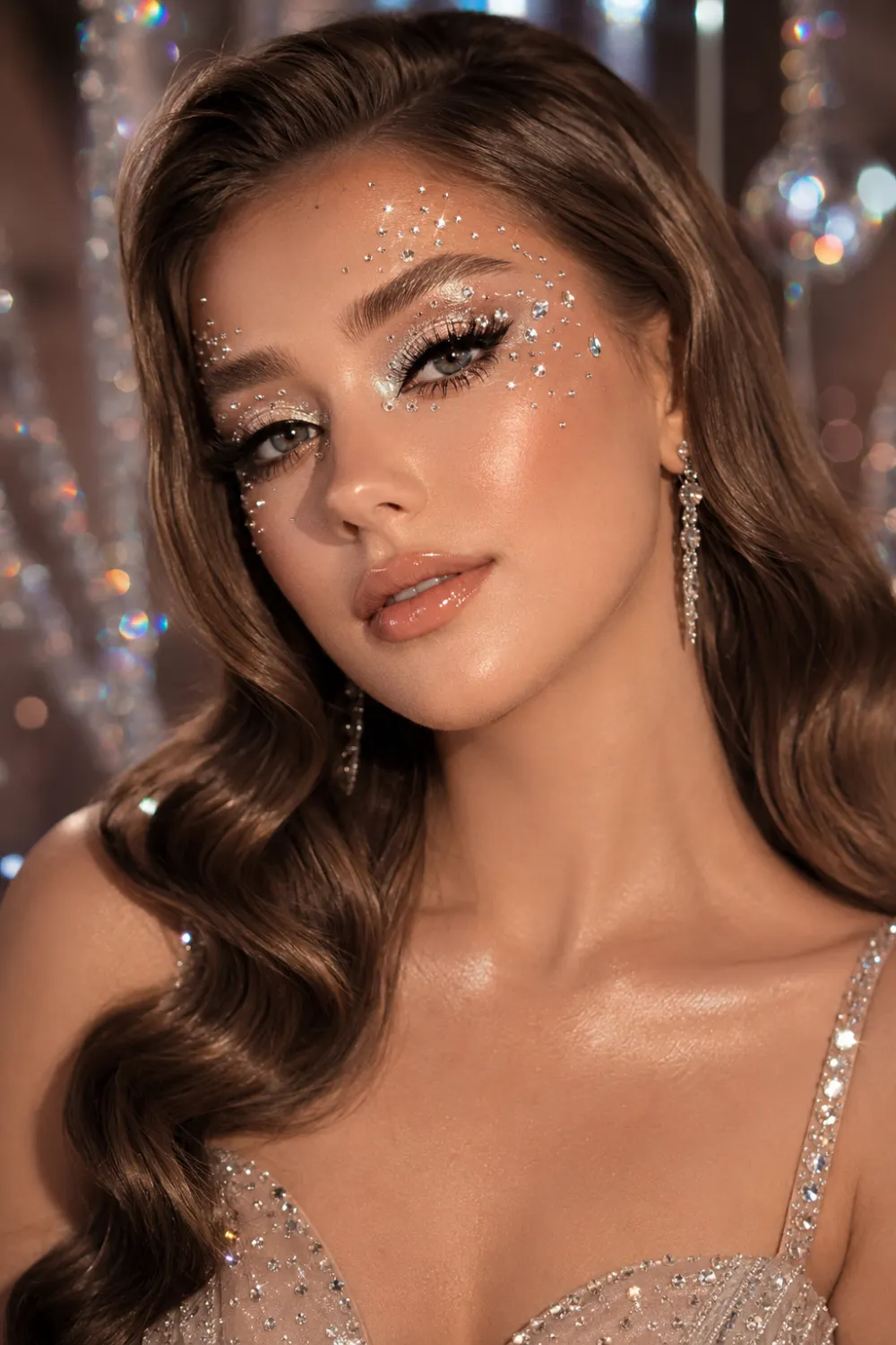 Rhinestone glam prom makeup with crystal face gems, glitter eyeshadow, glowing skin, glossy nude lips, and sparkling beauty inspiration.