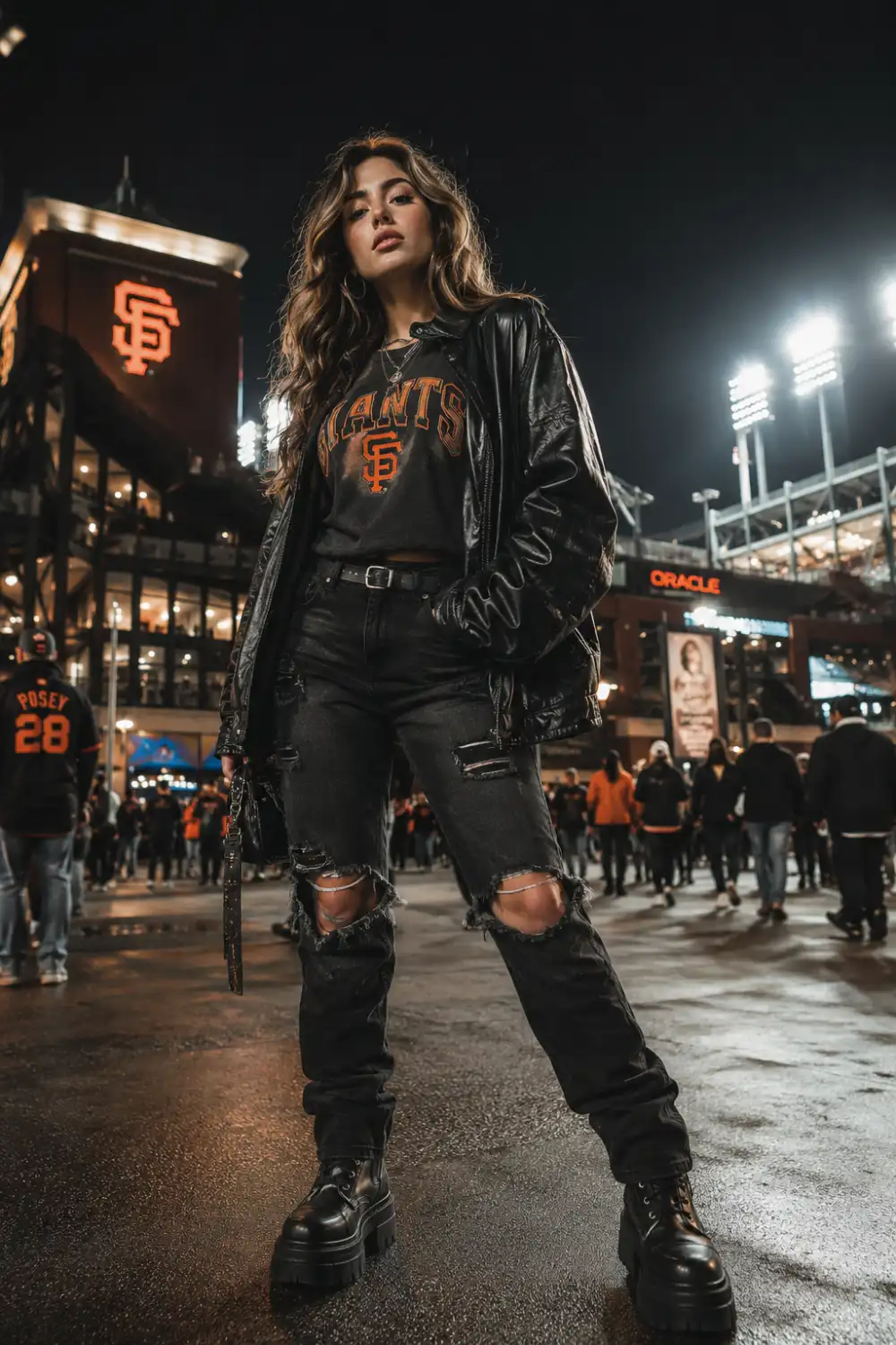 Woman wearing black leather jacket with San Francisco Giants tee, ripped black jeans, and combat boots outside baseball stadium at night.