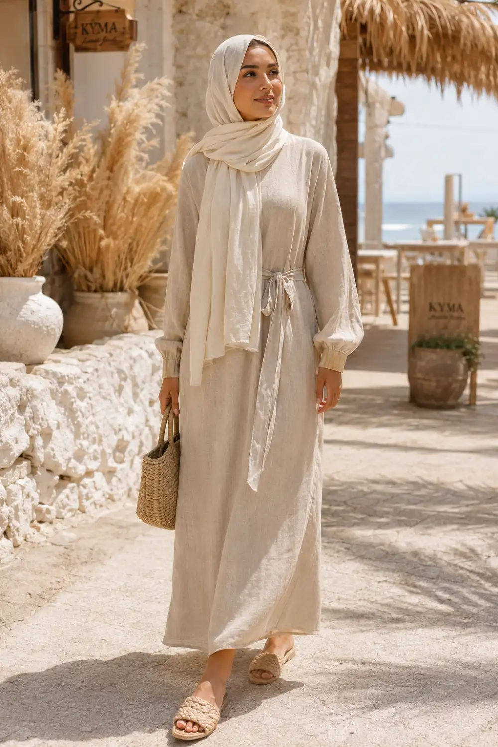 Beautiful hijabi woman wearing a flowing beige linen maxi dress with a lightweight cream hijab, woven sandals, and a straw handbag while walking through a sunny Mediterranean-inspired outdoor setting. The elegant summer modest outfit features airy neutral fabrics, soft luxury styling, and relaxed vacation aesthetics.