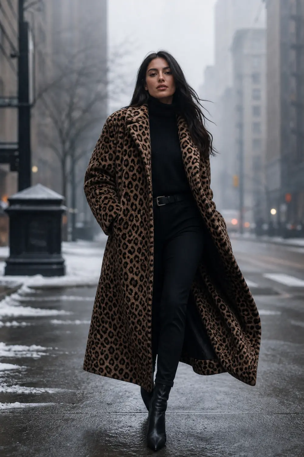 oversized leopard print coat with black outfit and boots, winter street style female model city fashion look