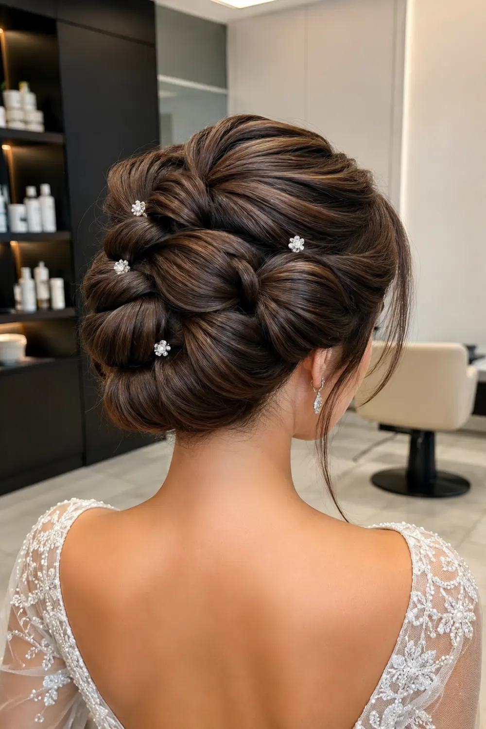 Voluminous braided jewel updo hairstyle with layered braid detailing, sculpted low bun, glossy brunette hair, and delicate crystal accents for weddings.