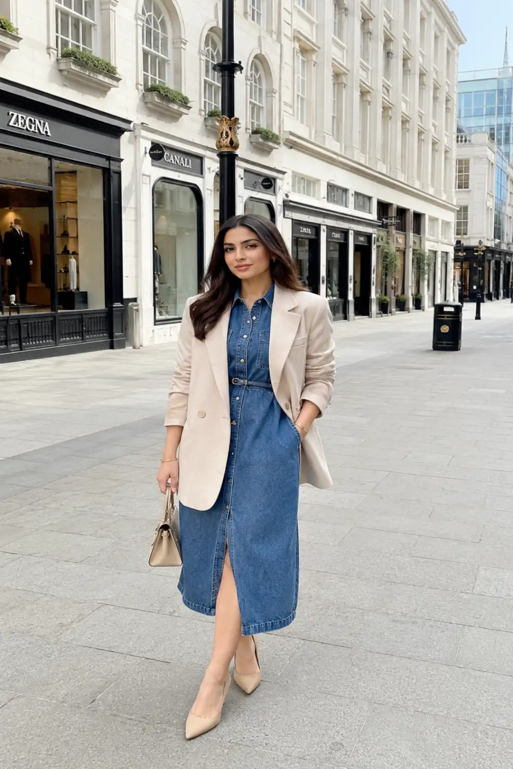 Woman wearing a denim midi dress layered with a neutral oversized blazer and nude heels in a stylish luxury city street.