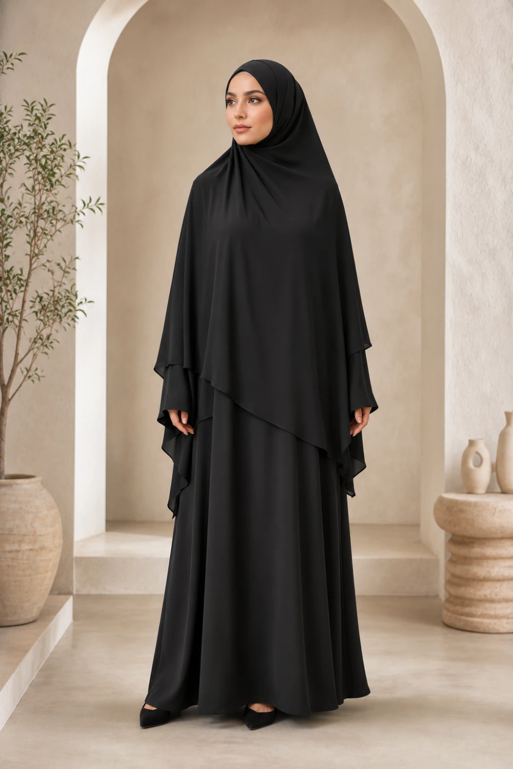 Muslim woman wearing layered black prayer abaya with khimar style hijab and flowing modest silhouette full body indoor fashion photography
