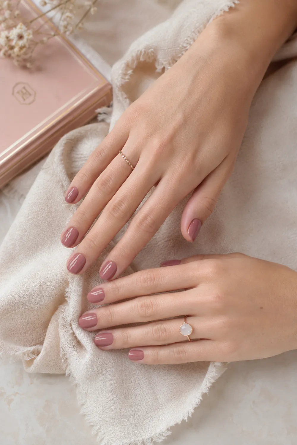 Dusty rose short nails with glossy muted pink finish, cozy neutral styling, delicate jewelry, and soft feminine manicure aesthetic on elegant hands.