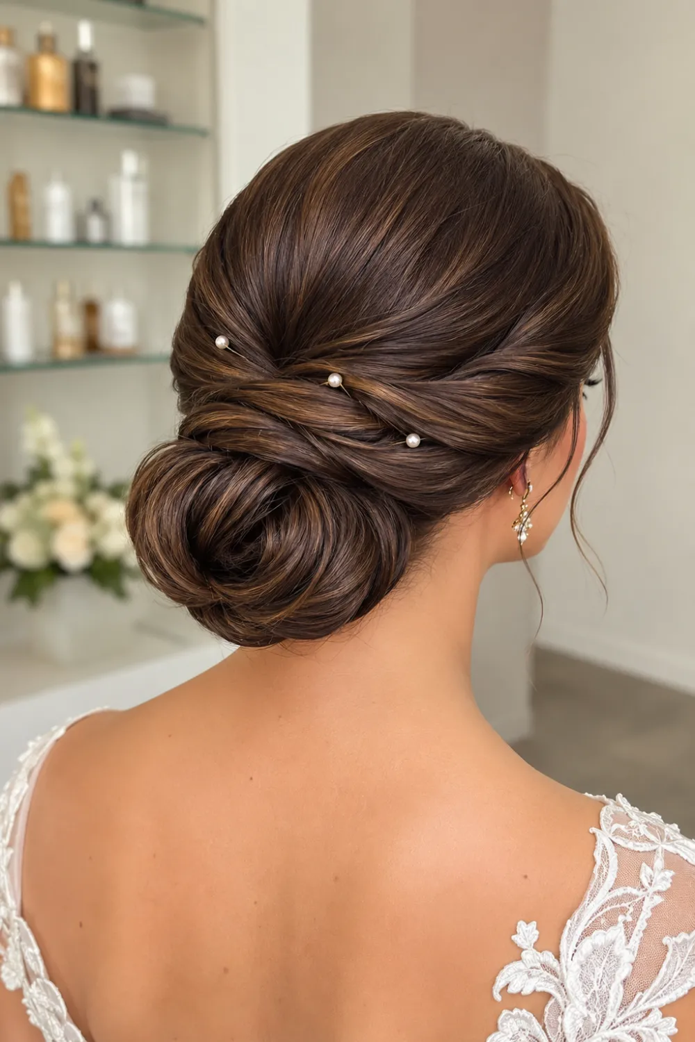 Pearl twisted low chignon hairstyle with smooth twisted sections, polished low bun, glossy brunette hair, and pearl accents for elegant occasions.