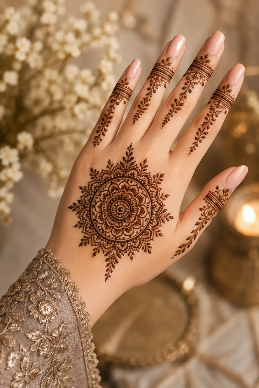 Elegant mandala finger mehndi design for Eid ul Adha 2026 featuring circular henna art, leafy finger details, nude nails, and modern festive styling.