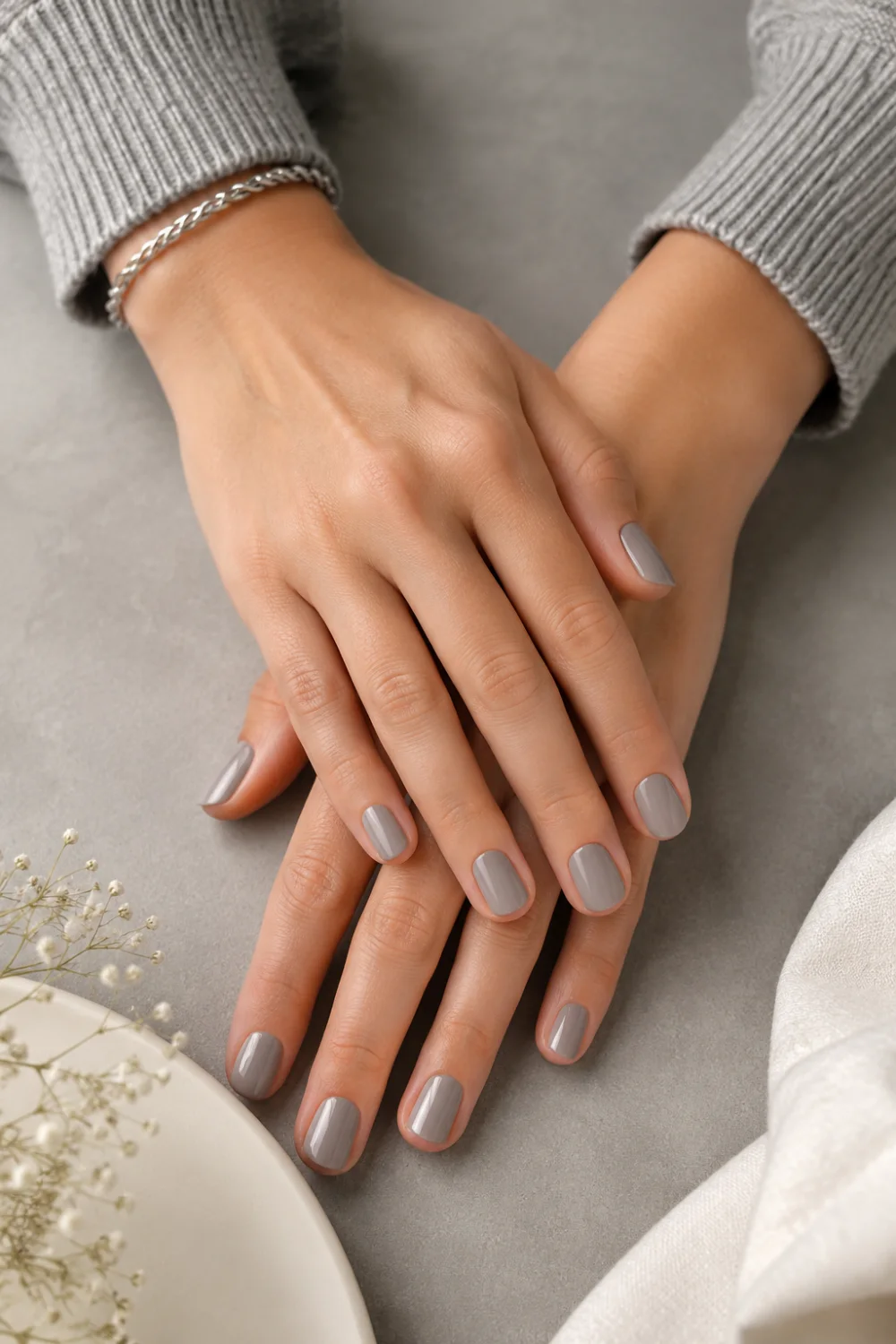 Soft gray short nails with glossy neutral manicure styling, cozy knit sweater aesthetic, silver jewelry, and modern minimalist beauty photography.