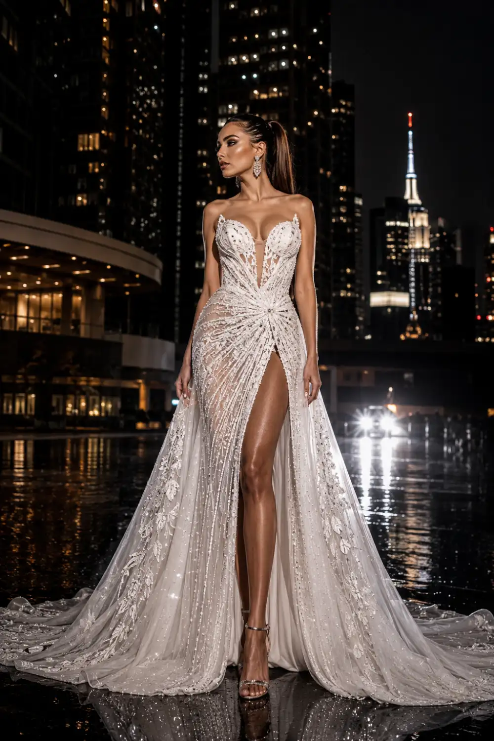 Glamorous high slit beaded wedding dress with sparkling crystal embellishments, fitted silhouette, illusion neckline, and dramatic bridal styling in a luxury nighttime city setting with glowing skyscrapers.