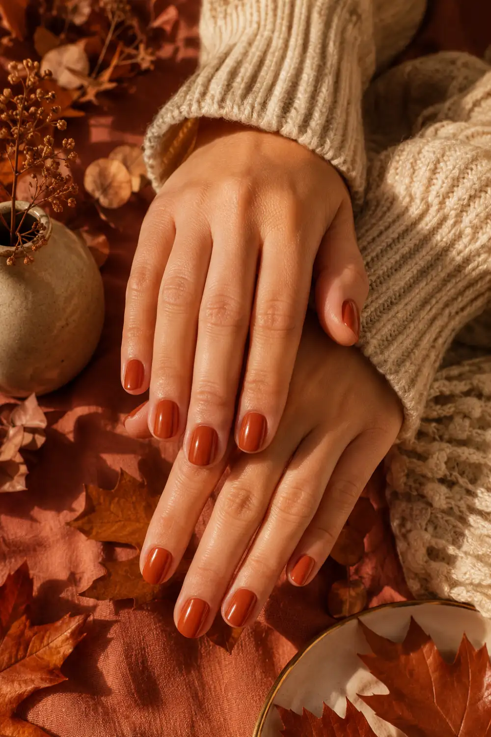 Burnt orange short nails with glossy autumn manicure styling, cozy knit sweater textures, warm seasonal decor, and elegant fall beauty aesthetic.