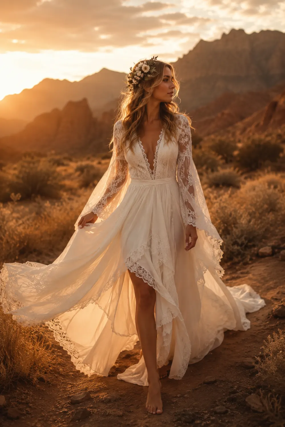 Dreamy boho lace wedding dress with flowing chiffon fabric, sheer lace sleeves, floral crown, and romantic bridal styling in a scenic desert landscape during golden sunset lighting.