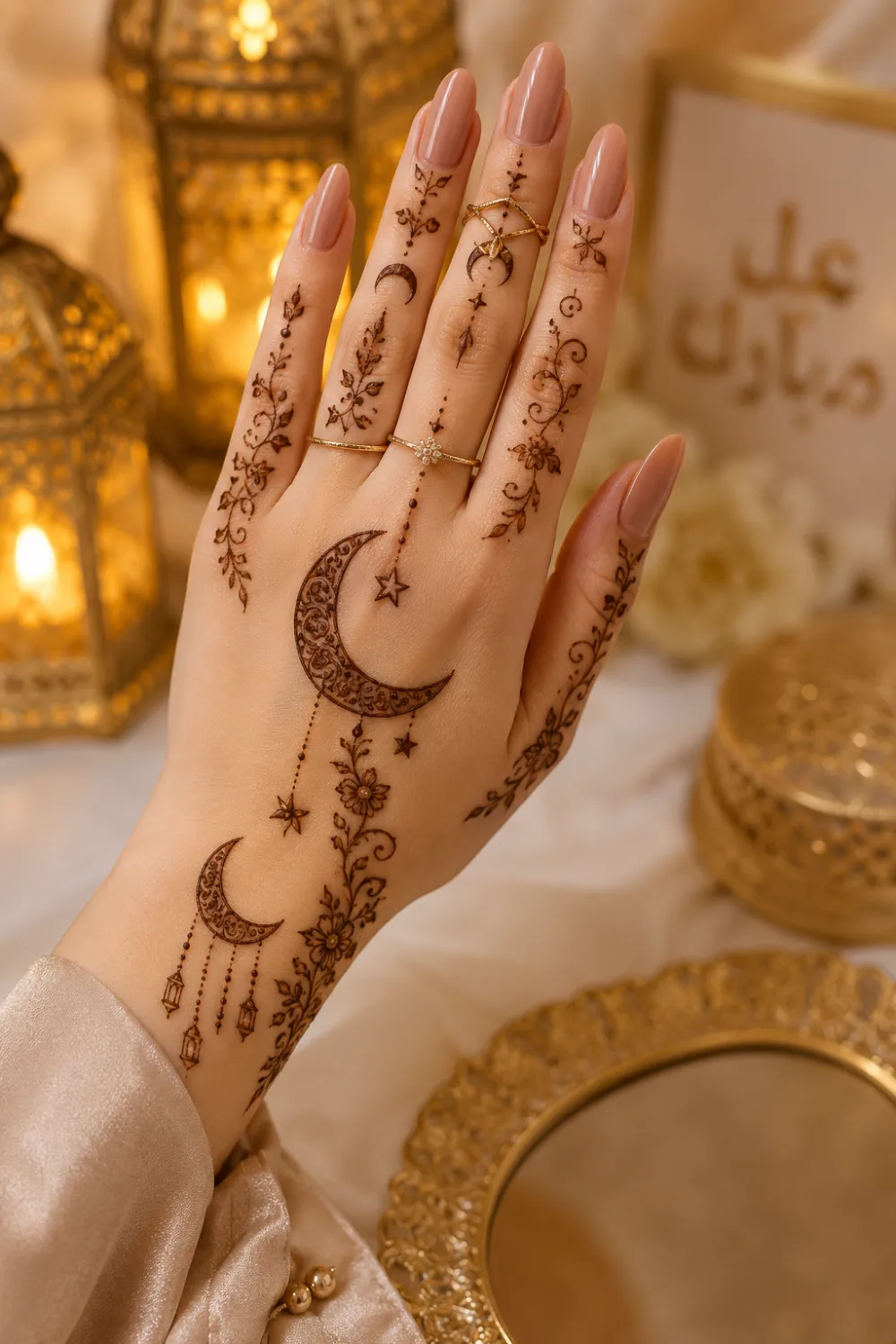 Celestial moon vine mehndi design for Eid ul Adha 2026 featuring crescent moon henna patterns, floral vines, stars, nude nails, and elegant festive styling.