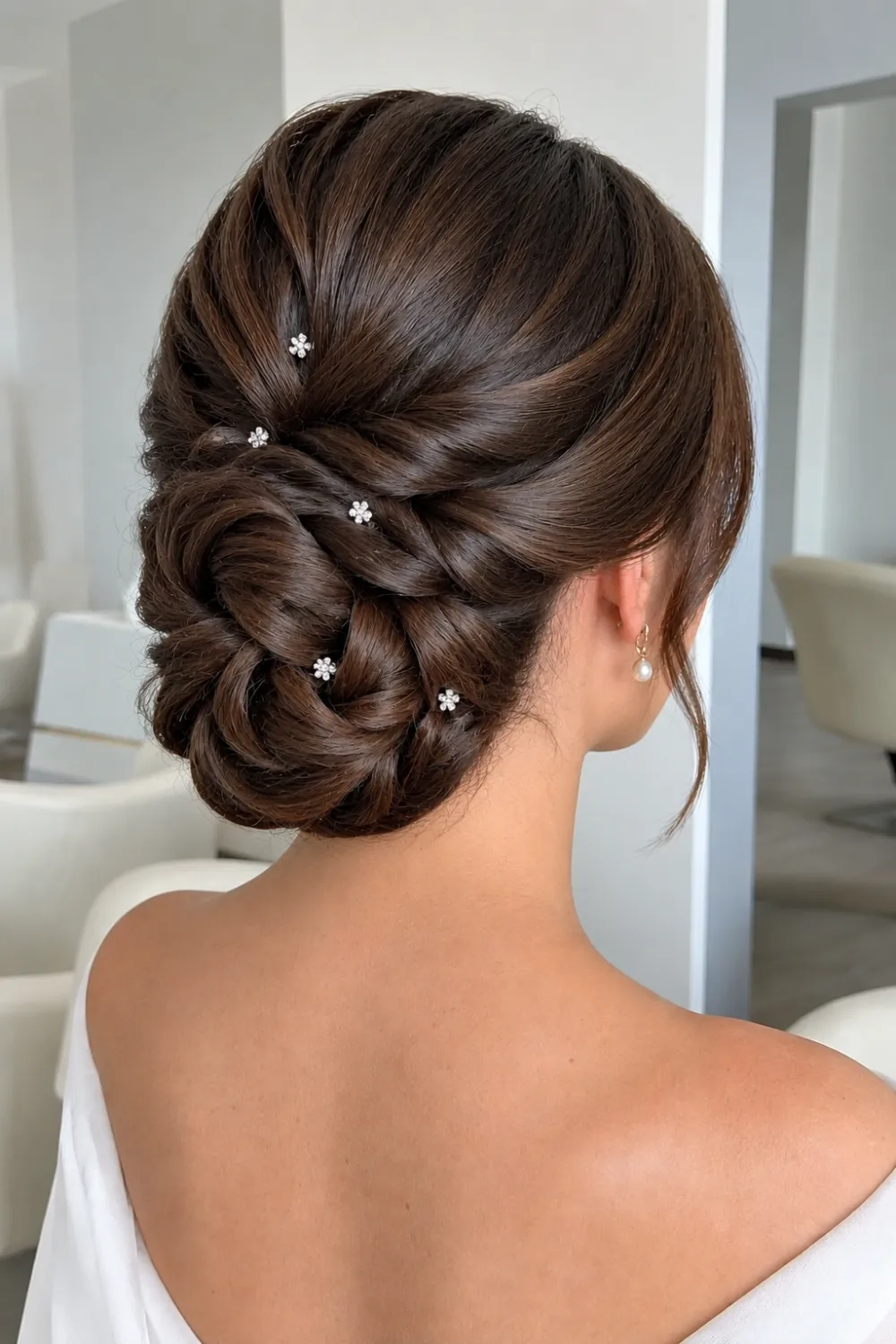 Elegant knotted braided updo hairstyle with layered twists, structured low bun, glossy brunette hair, and floral crystal accents for weddings.