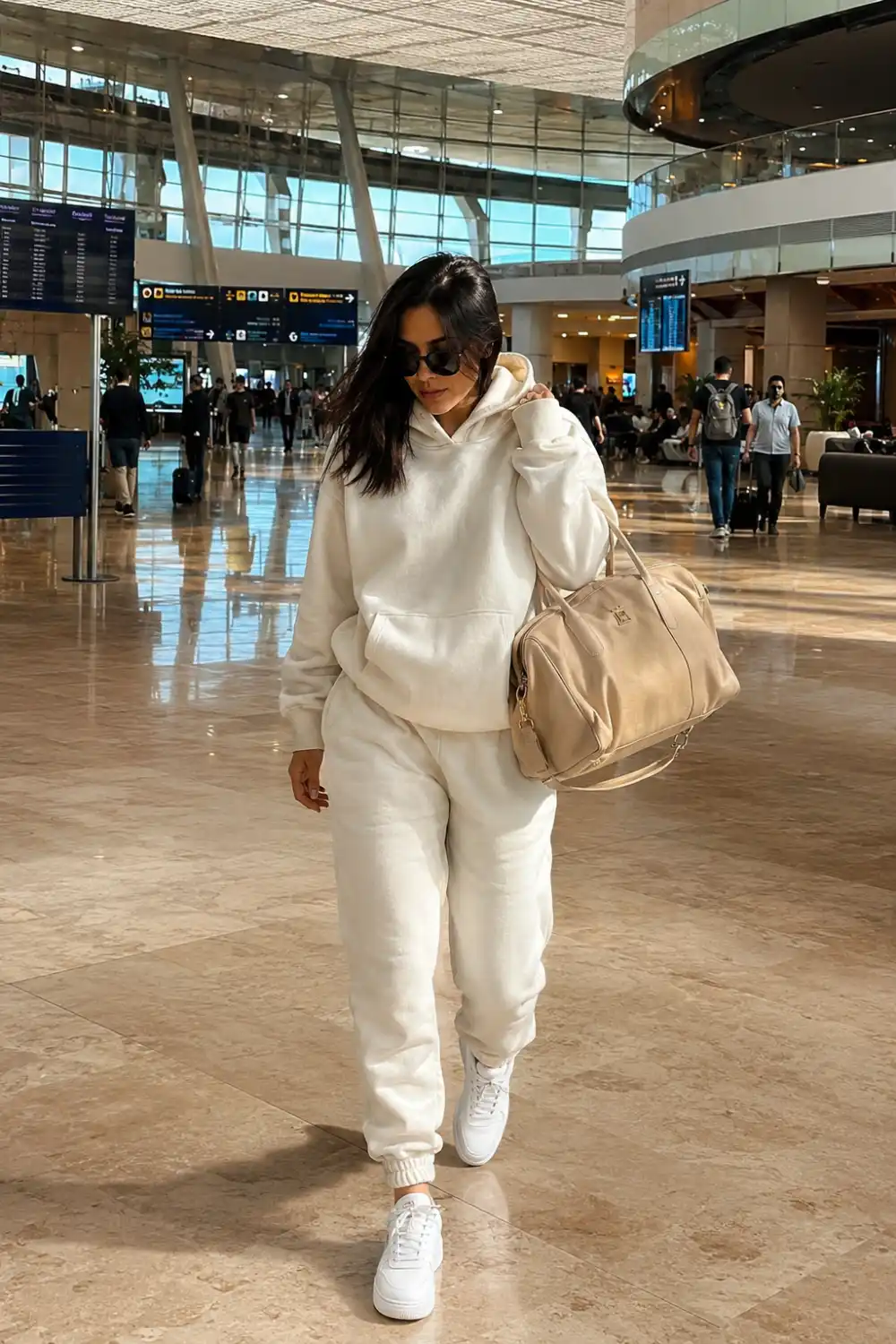 Woman wearing an ivory oversized hoodie with matching joggers, white sneakers, sunglasses, and a neutral duffle bag while walking through a luxury airport terminal with glossy marble floors