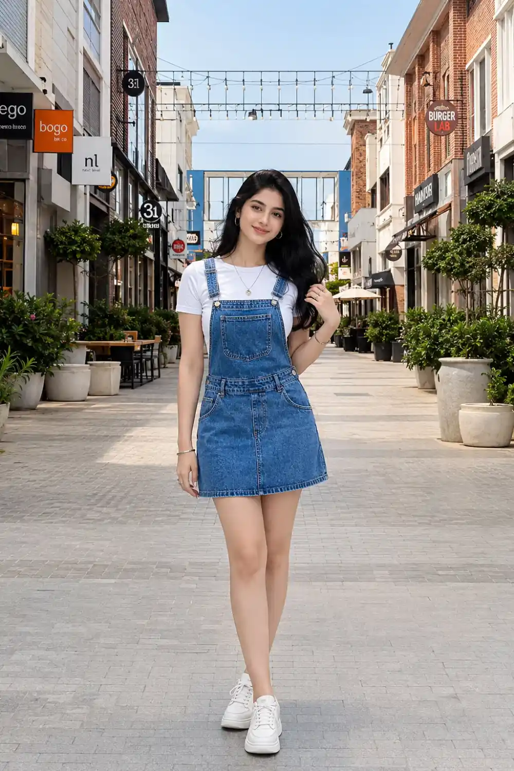 Woman wearing a denim pinafore mini dress layered over a white t shirt with white sneakers in a modern outdoor shopping street.