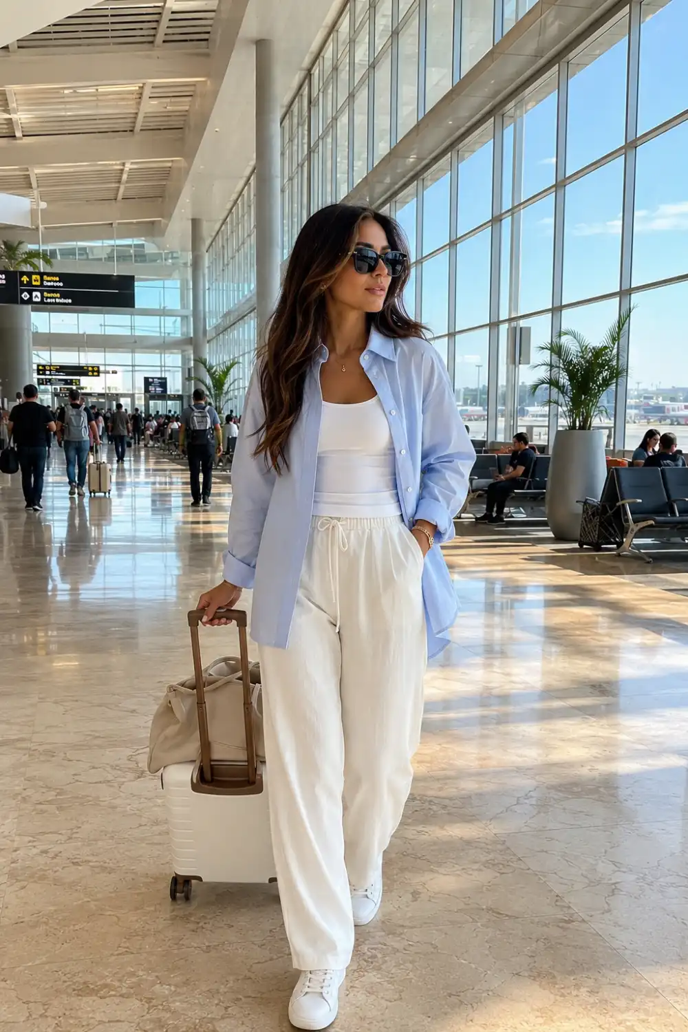 Woman wearing a soft blue oversized button shirt layered over a white fitted top and relaxed white pants with white sneakers and neutral luggage inside a bright modern airport terminal