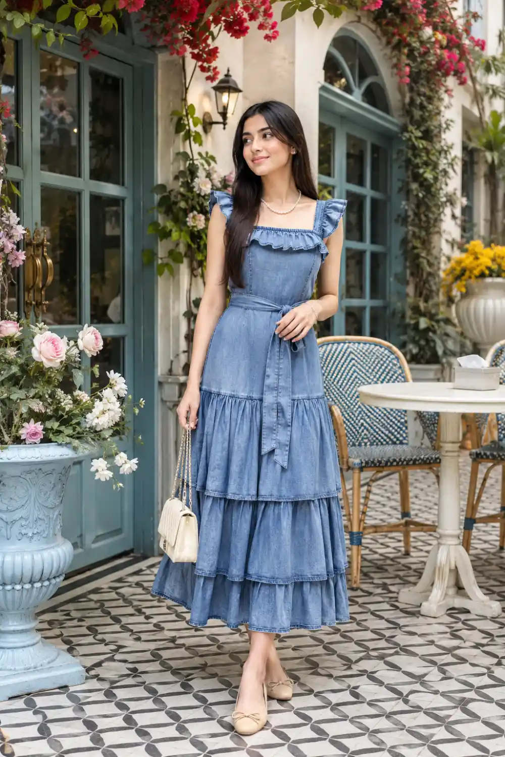 Woman wearing a ruffled denim maxi dress with ballet flats and a mini handbag in a romantic floral café setting.