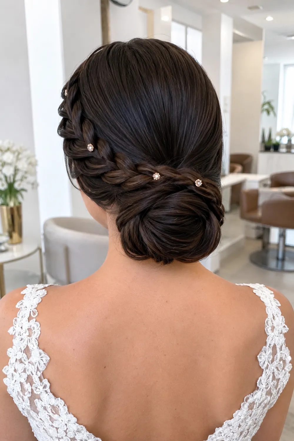 Sleek braided low bun updo hairstyle with polished side braids, glossy brunette hair, and subtle crystal accents for elegant weddings and formal celebrations.