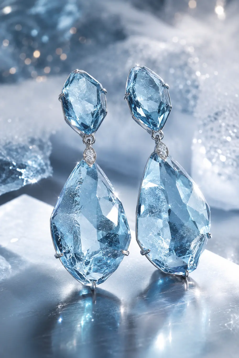 Oversized glacier blue crystal drop earrings with faceted icy gemstones and silver detailing styled in a luxurious frozen glam jewelry aesthetic for elegant 2026 fashion trends.