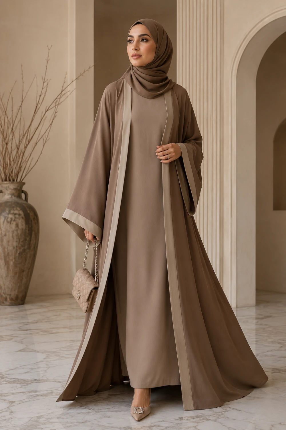 Muslim woman wearing mocha kimono style abaya with matching hijab and layered modest fashion look full body luxury indoor photography
