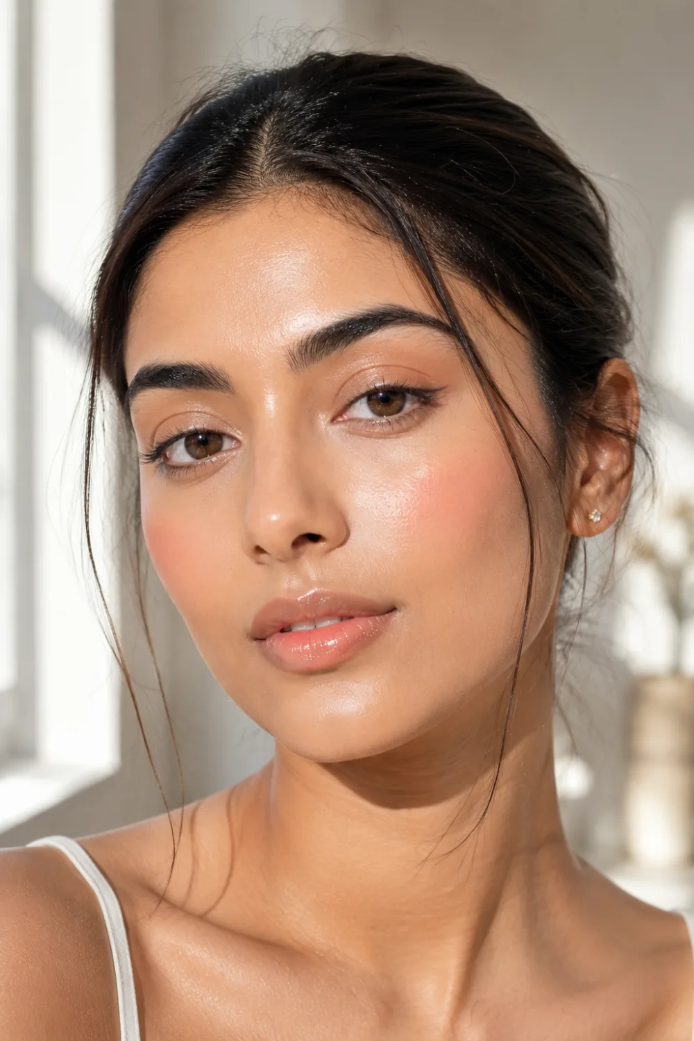 South Asian woman wearing clean girl dewy makeup with glass skin glow natural brows glossy lips peach blush sleek tied hairstyle and fresh minimal beauty look in soft daylight