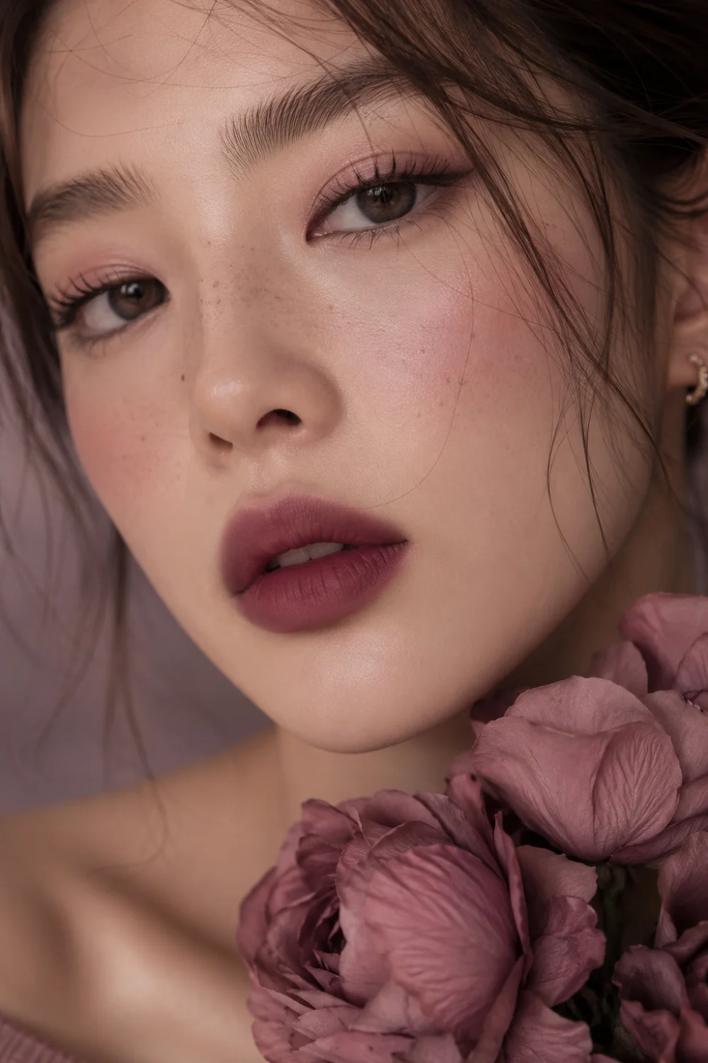 Ultra realistic beauty portrait featuring soft blurred berry plum lips with a velvety matte finish, glowing natural skin, rosy blush, soft pink eye makeup, subtle freckles, and dreamy feminine Korean beauty aesthetics. Romantic mauve tones, fresh clean girl makeup style, and modern plum lip trend inspiration for 2026.