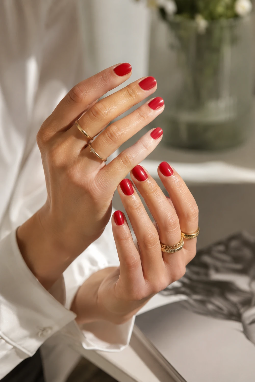 Elegant feminine hands with glossy cherry red short nails, gold rings, luxury beauty lighting, and sophisticated classy manicure styling with a rich vibrant finish.