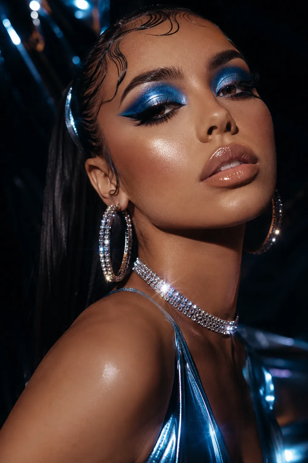 Bold blue metallic Y2K makeup look with chrome blue eyeshadow, sharp winged eyeliner, glossy nude lips, glowing bronzed skin, sparkling jewelry, sleek ponytail, and futuristic early-2000s popstar glam aesthetics.