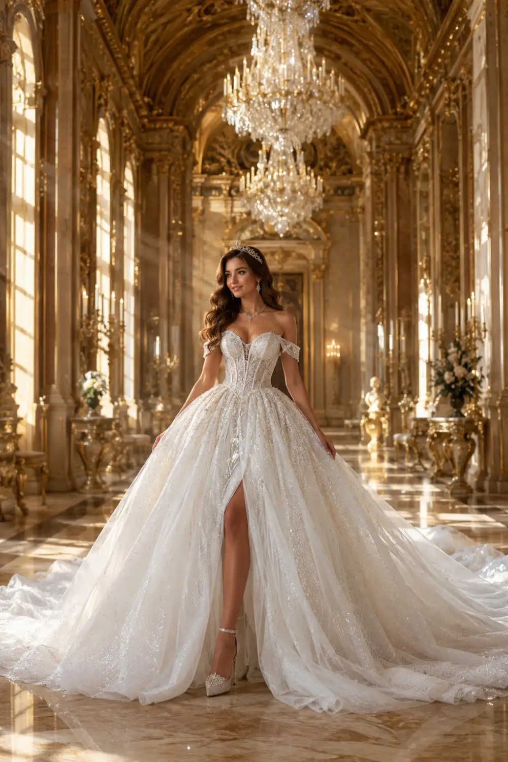 Luxury sparkly princess wedding dress with glitter tulle skirt, off-shoulder corset bodice, dramatic cathedral train, and crystal details worn by a glamorous bride inside a royal palace with golden chandeliers and marble interiors.