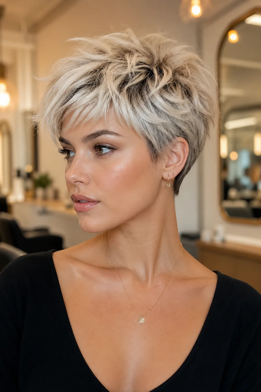 Icy blonde voluminous pixie haircut with feathered textured layers, tousled short hair, and platinum blonde styling photographed inside a luxury beauty salon with soft neutral interiors.