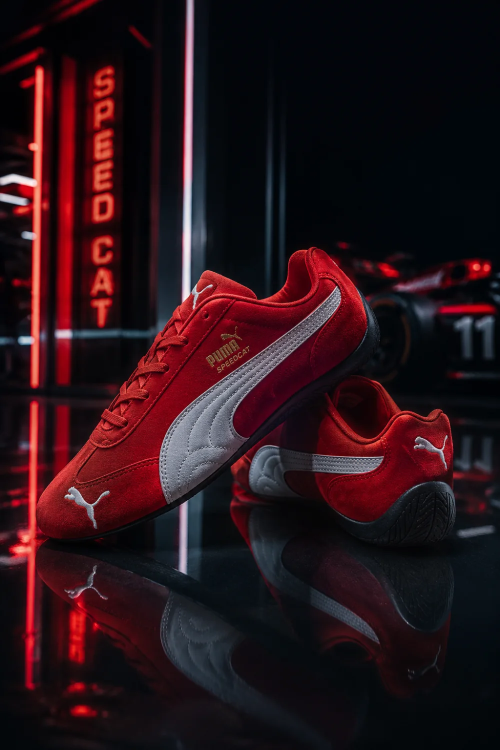 Red Puma Speedcat women sneakers with sleek racing-inspired silhouette and suede finish styled in bold Y2K streetwear aesthetic for trendy everyday outfits and sporty Pinterest fashion inspiration.