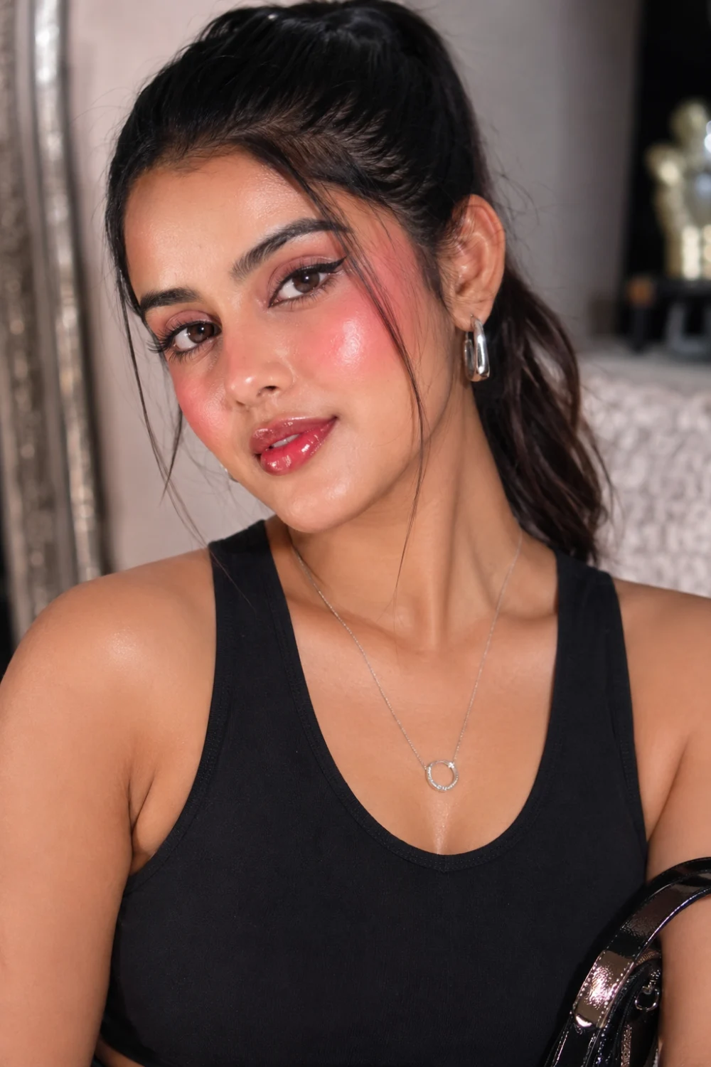 Cherry girl glow makeup with vibrant pink gummy blush, glossy lips, luminous skin, sleek ponytail hairstyle, winged eyeliner, and trendy feminine Pinterest glam aesthetic.