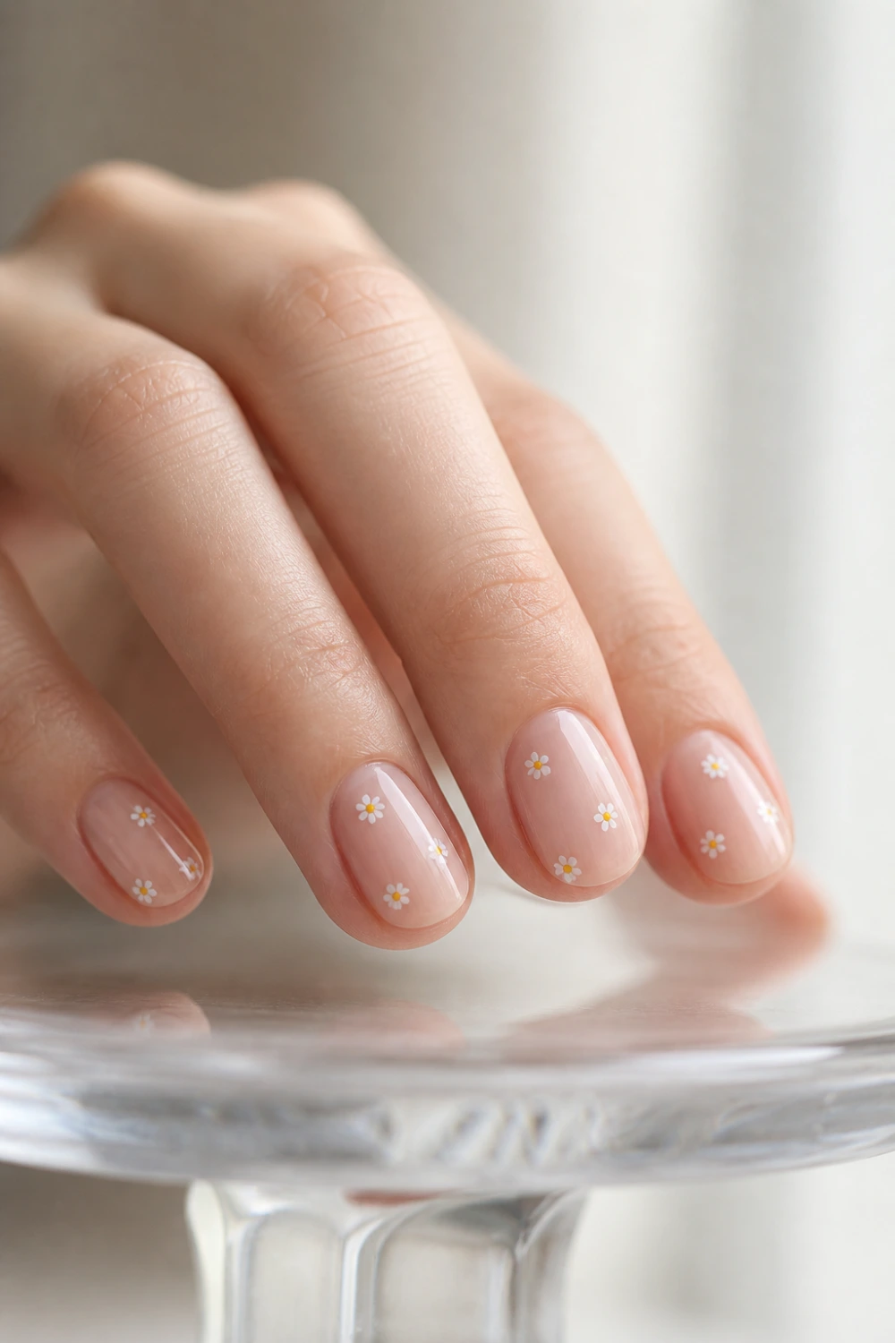 short nude natural nails with tiny white daisy nail art, minimal floral manicure, glossy finish, clean aesthetic, soft daylight close up