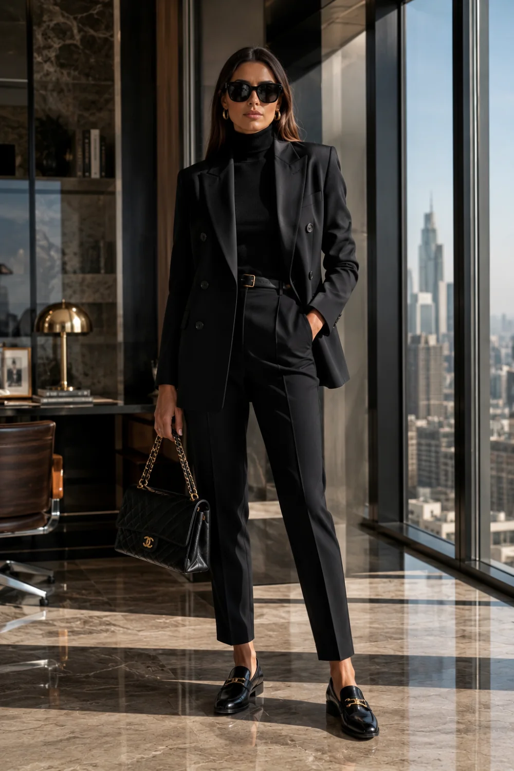 Luxury all-black business casual outfit with oversized black blazer, fitted turtleneck, tailored ankle trousers, glossy loafers, quilted handbag, and sleek corporate office fashion styling for women.