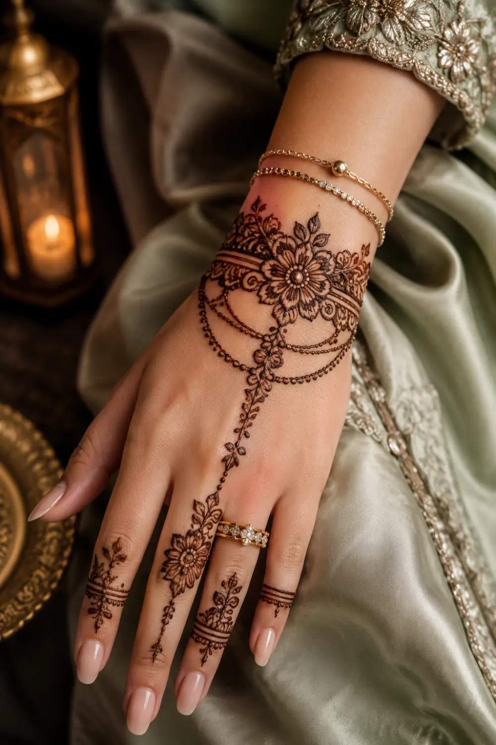 Jewelry style chain mehndi design for Eid ul Adha 2026 featuring floral bracelet henna, delicate chain patterns, modern Arabic details, nude nails, and elegant festive styling.
