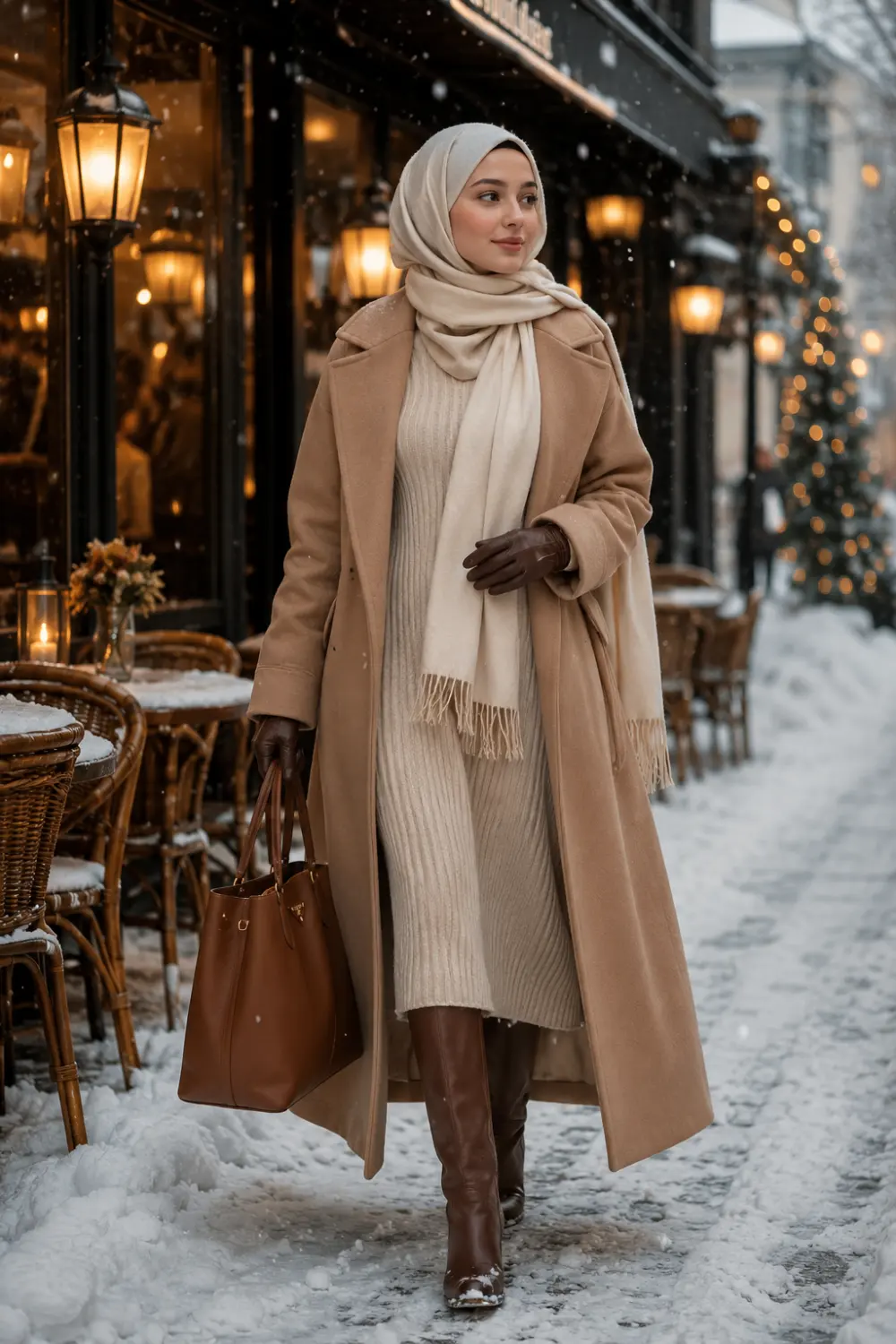 Cute hijabi woman walking through a snowy city street wearing a long camel wool coat layered over a cozy cream sweater dress with knee-high brown boots and a soft beige pashmina hijab. The winter modest fashion look includes leather gloves, a tote bag, warm café lighting, and elegant neutral layering perfect for cold weather style.