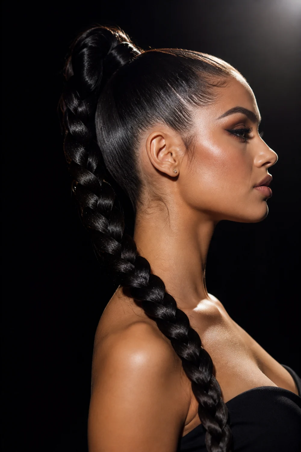 high braided ponytail sleek snatched hairstyle side profile glossy long braid tight roots glam beauty look dark background