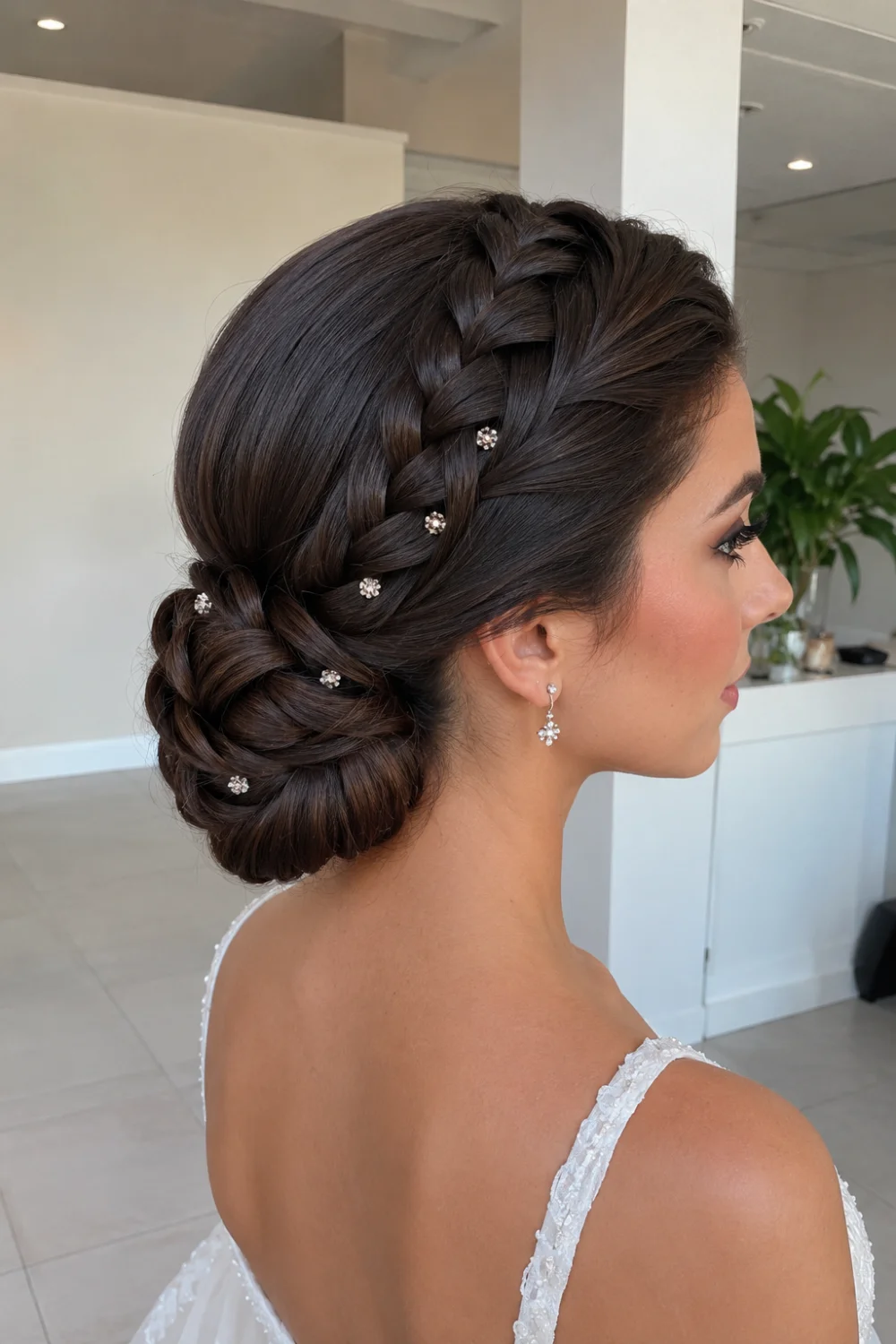 Crystal accent braided chignon hairstyle with thick structured braid, smooth polished low bun, glossy brunette hair, and delicate crystal details for weddings.