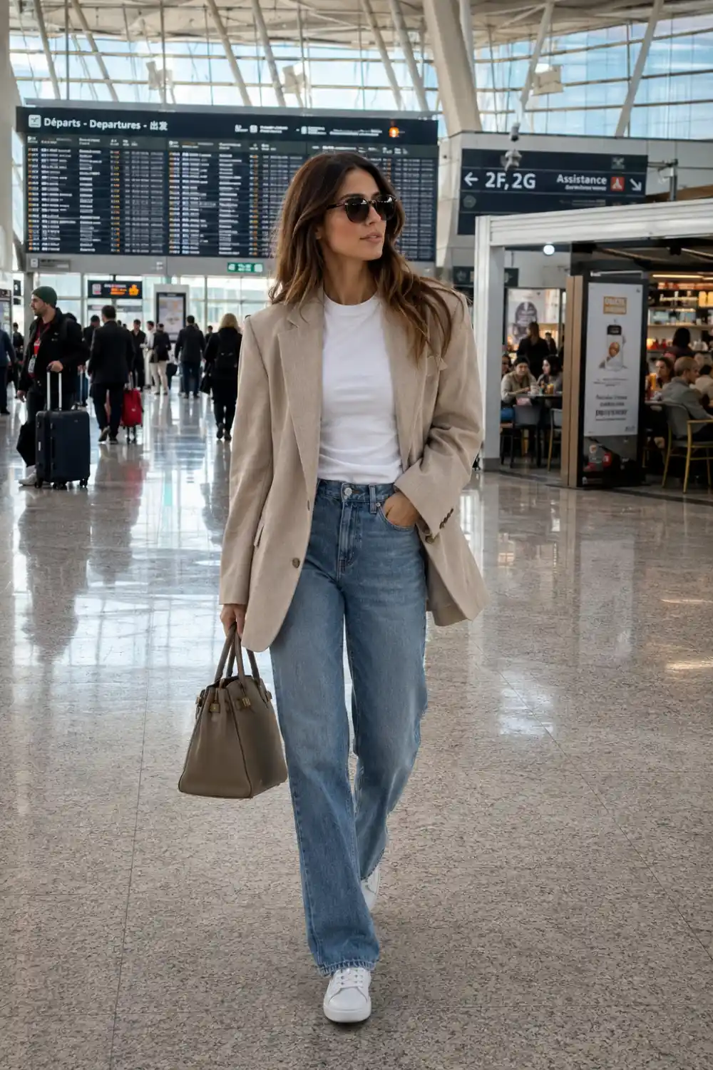 Woman wearing a neutral oversized blazer with straight-leg blue jeans, white fitted tee, white sneakers, sunglasses, and a structured handbag inside a busy luxury airport terminal with polished floors and modern architecture