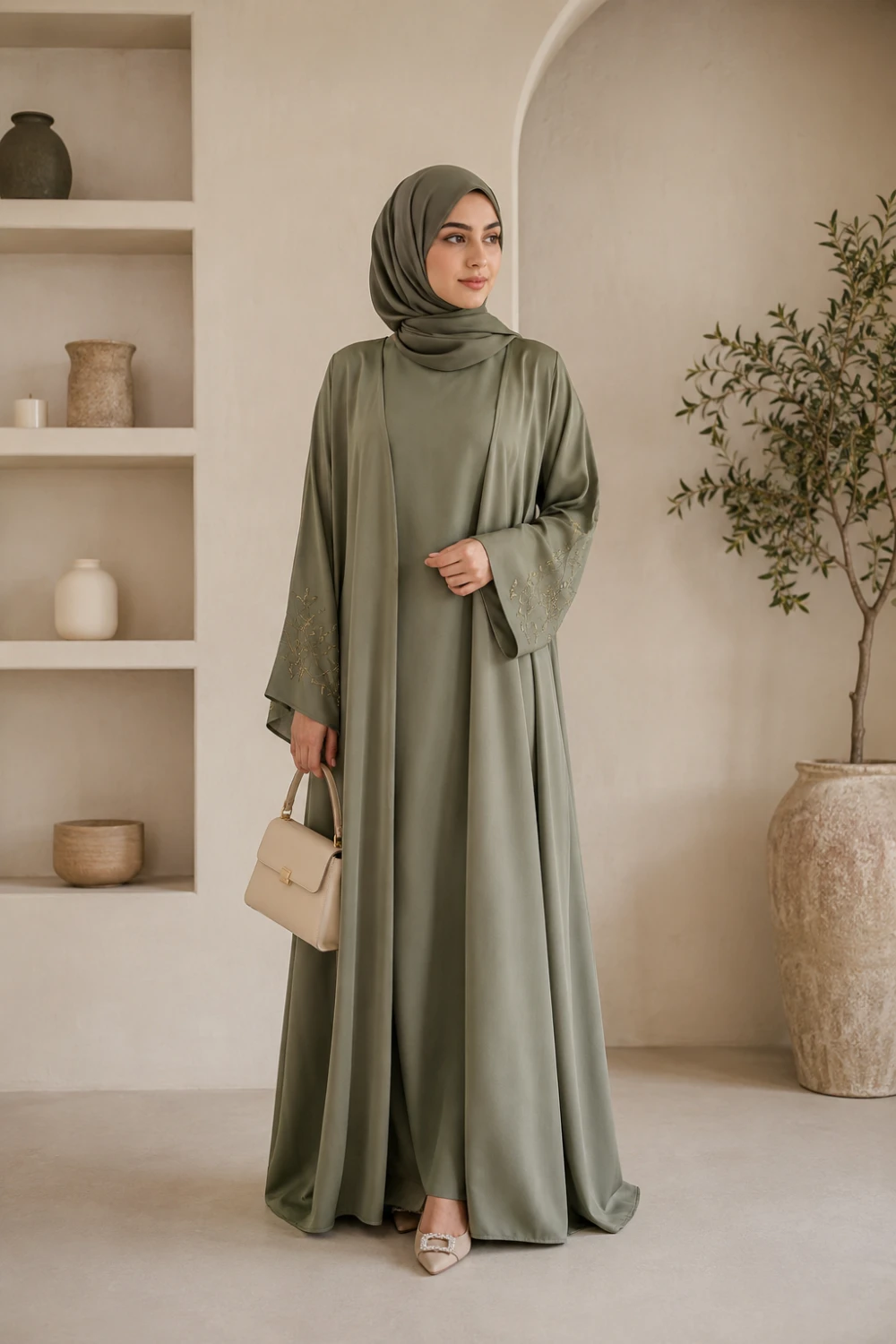Modest Muslim woman wearing olive green open front abaya with matching hijab and elegant neutral accessories full body indoor fashion shoot