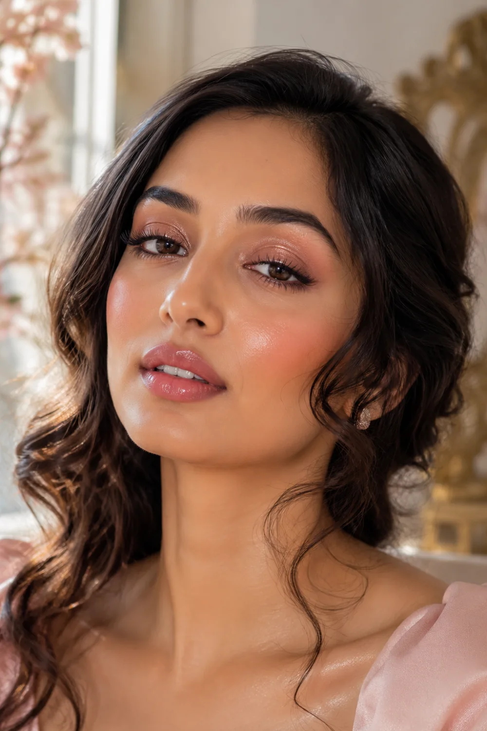South Asian woman wearing soft rose gold dewy makeup with glowing skin rosy shimmer eyelids glossy pink nude lips curled lashes and romantic wavy hairstyle in warm daylight