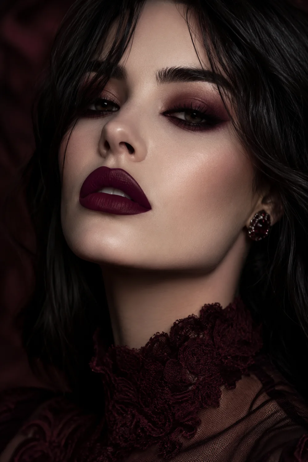 Luxury editorial beauty portrait featuring vampy wine plum lipstick with rich burgundy undertones, dramatic smoky eyes, porcelain skin, dark romantic styling, and matte plum lips. Moody gothic glam makeup aesthetic with cinematic lighting and elegant high-fashion beauty vibes for 2026.