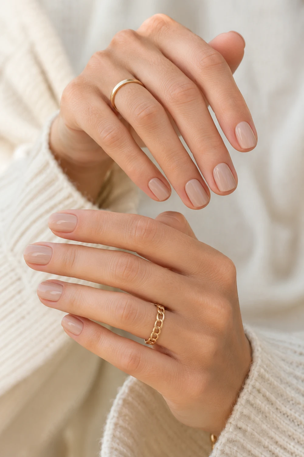Minimal nude beige short nails with glossy finish on feminine hands, cozy neutral sweater styling, gold jewelry, and soft luxury manicure aesthetic.