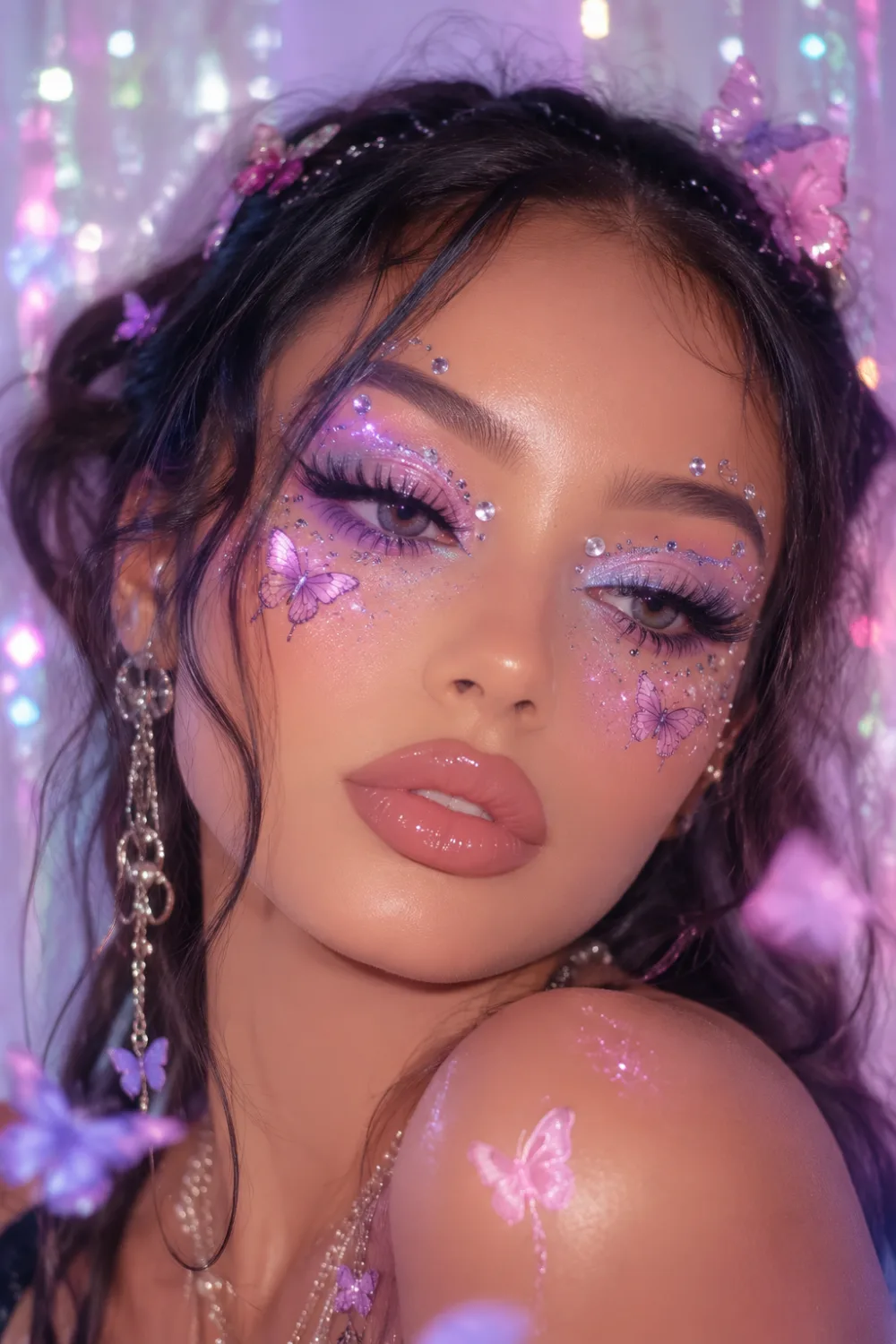 Dreamy butterfly gem Y2K makeup featuring lavender glitter eyeshadow, glossy nude lips, sparkling rhinestones, butterfly face accents, glowing skin, fluffy lashes, and whimsical pastel retro beauty aesthetics.