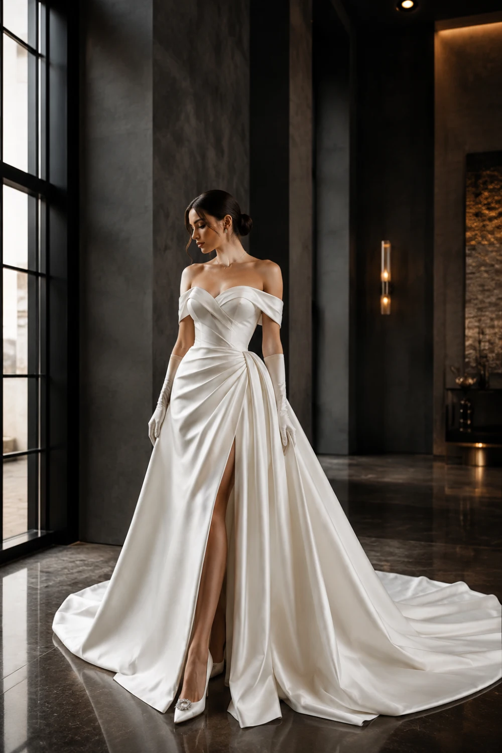 Elegant off shoulder satin wedding dress with sleek draped fabric, dramatic high slit, long train, satin gloves, and modern bridal styling inside a dark luxury architectural venue with cinematic lighting.