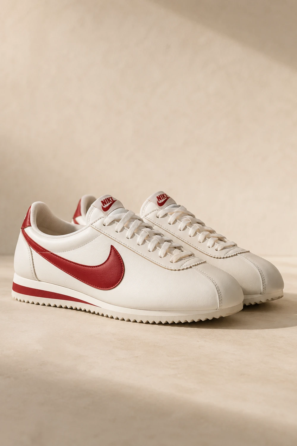 White and red Nike Cortez women sneakers with vintage sporty design and minimalist retro aesthetic styled for casual everyday outfits and trendy Pinterest fashion inspiration.